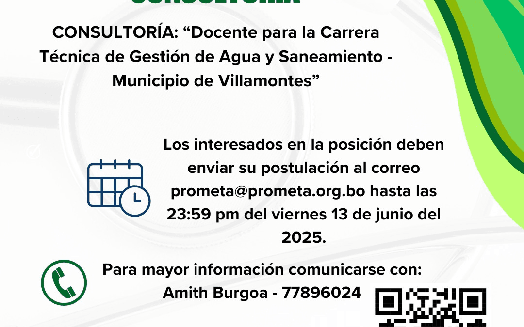 Requerimiento para consultoría -«Contratación de Docente para la Carrera de Gestión de Agua y Saneamiento – Municipio de Villamontes»
